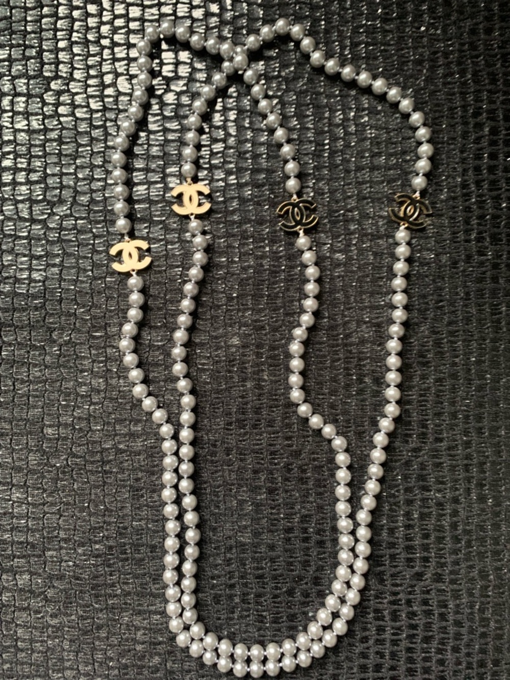 Designer inspired Gray Pearl Necklace with Logos